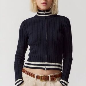 Urban Outfitters Navy Ribbed Zip-Up Sweater with White Stripe Trim